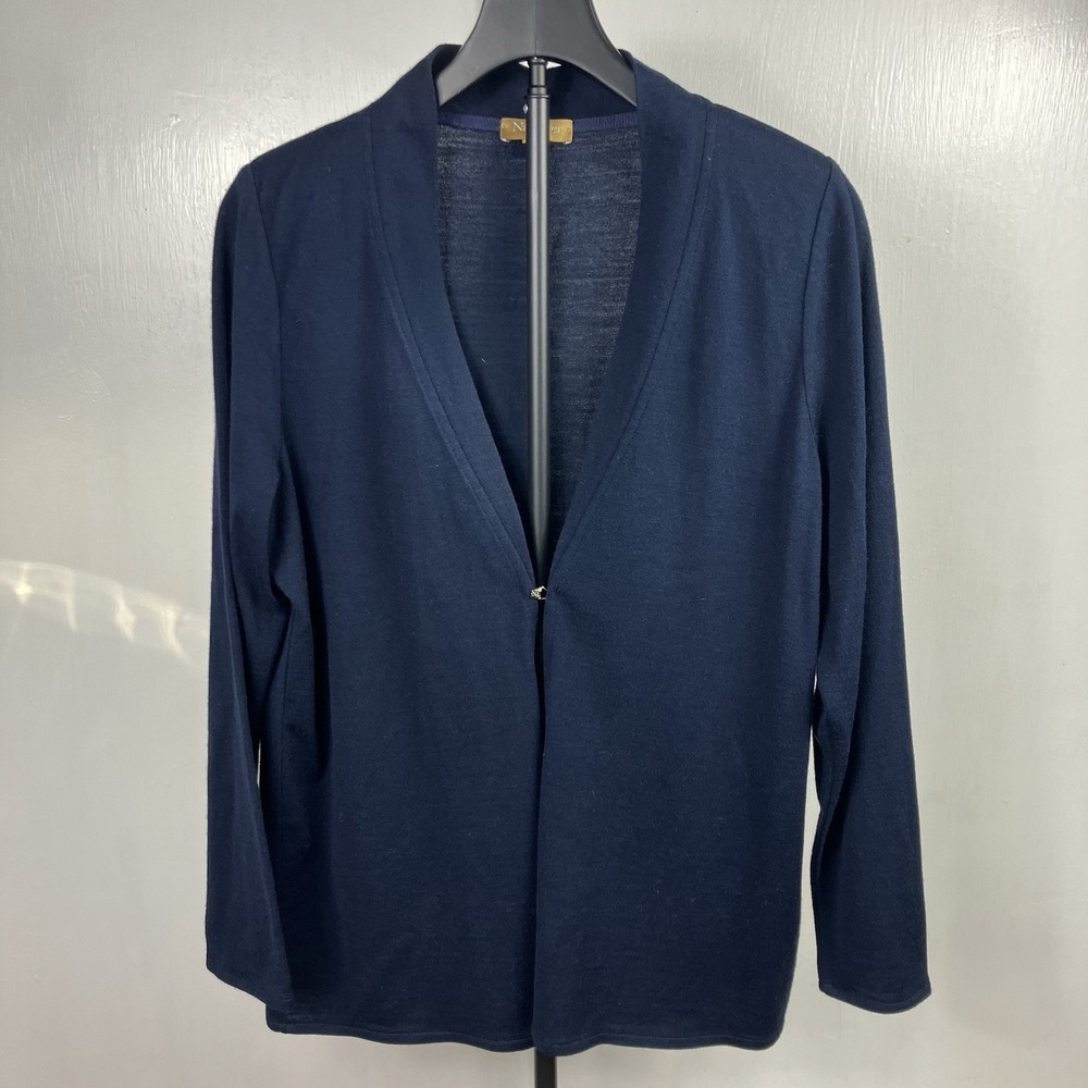 Naulover Wool Blend Navy Blue Open Front Hook Cardigan Size 10 Long Sleeve Women